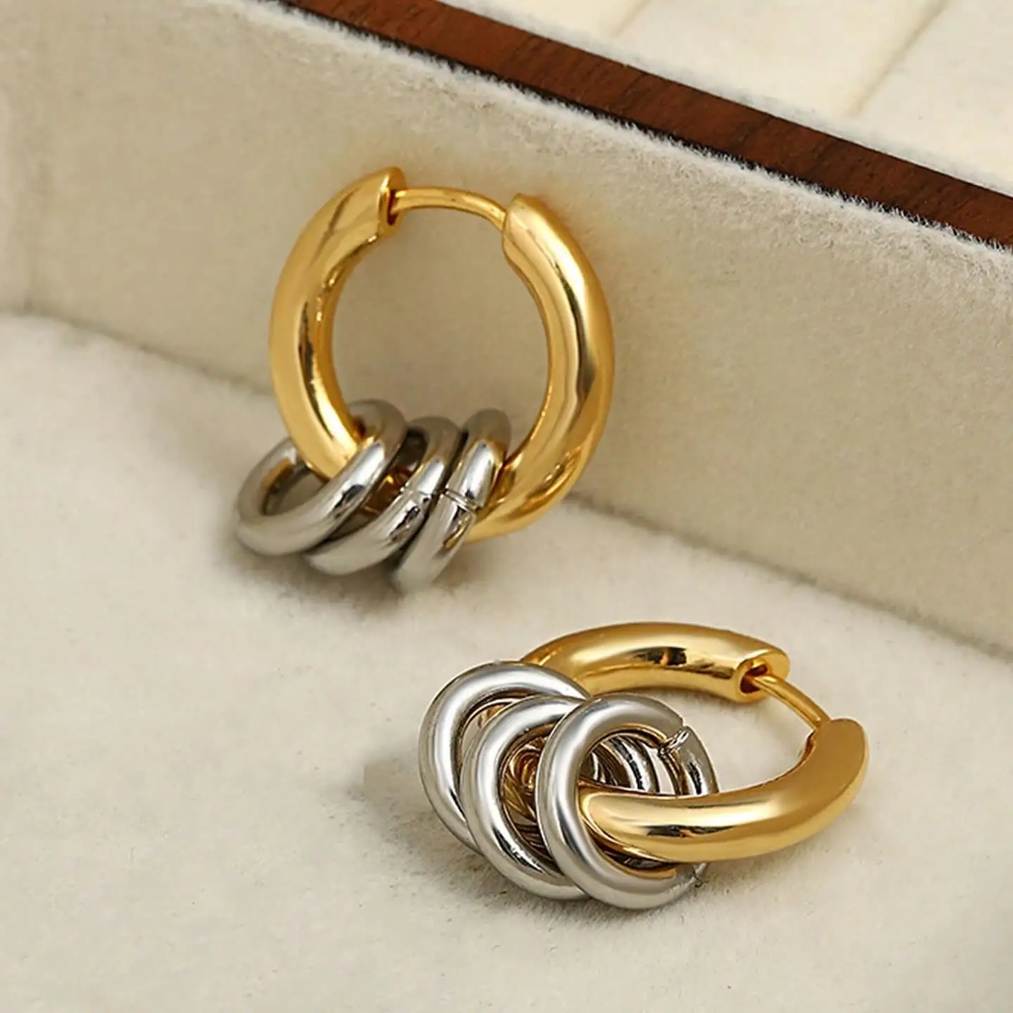 Stainless Steel Hoop Earrings with Layered Rings 3 Stainless Steel Hoop Earrings with Layered Rings - Image 3