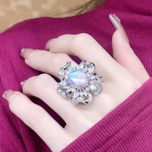 Floral Oval Opal Silver Ring with Zircon