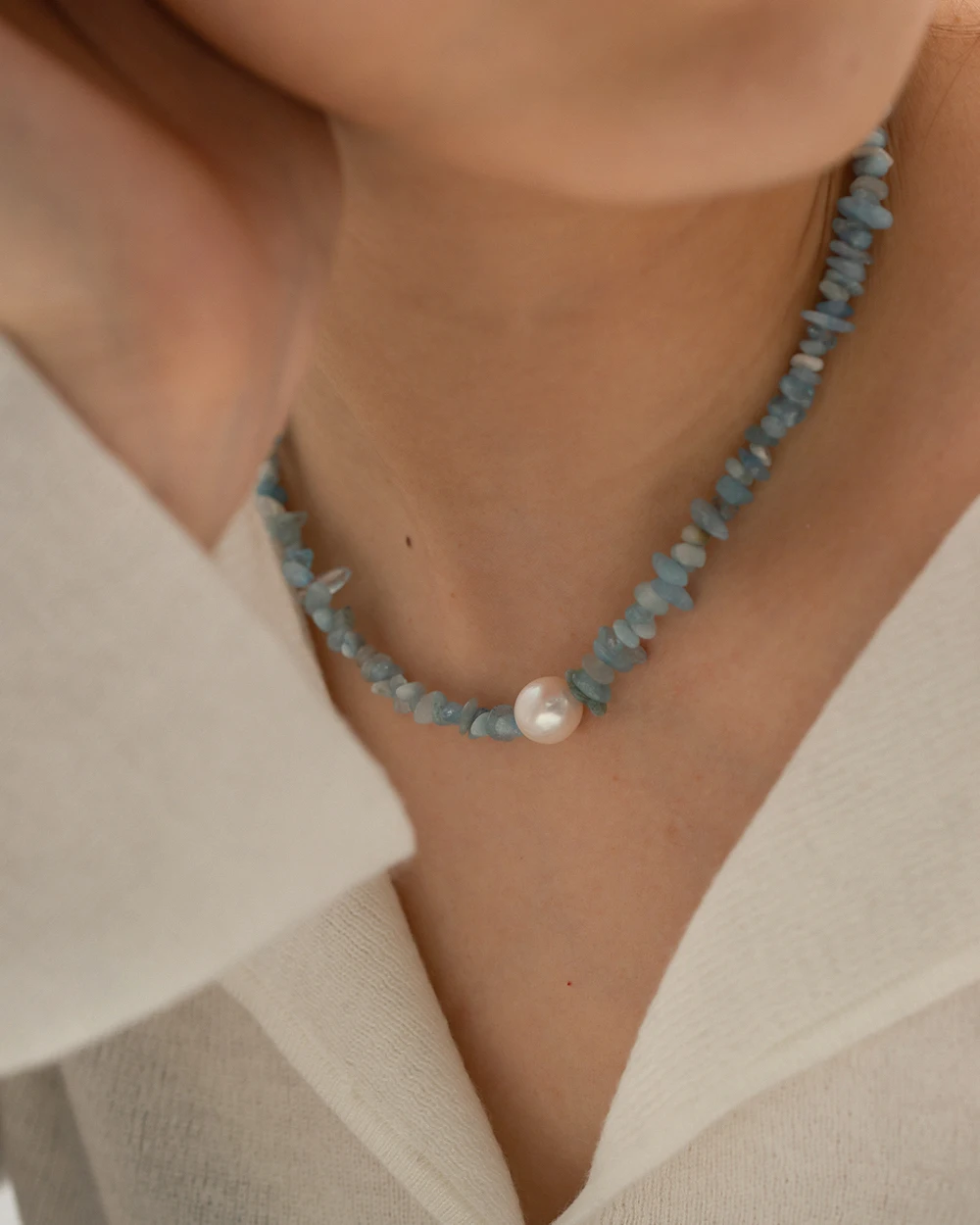Ocean Blue Stone Pearl Necklace for Women 6 Ocean Blue Stone Pearl Necklace for Women - Image 6