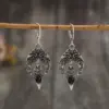Vintage Silver Leaf Dangle Earrings with Black Gem