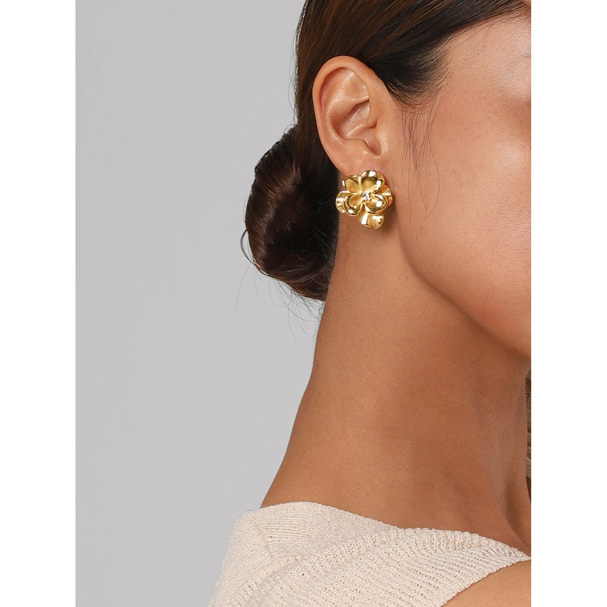 Gold Floral Stainless Steel Stud Earrings 2 Gold Floral Stainless Steel Stud Earrings - Image 2
