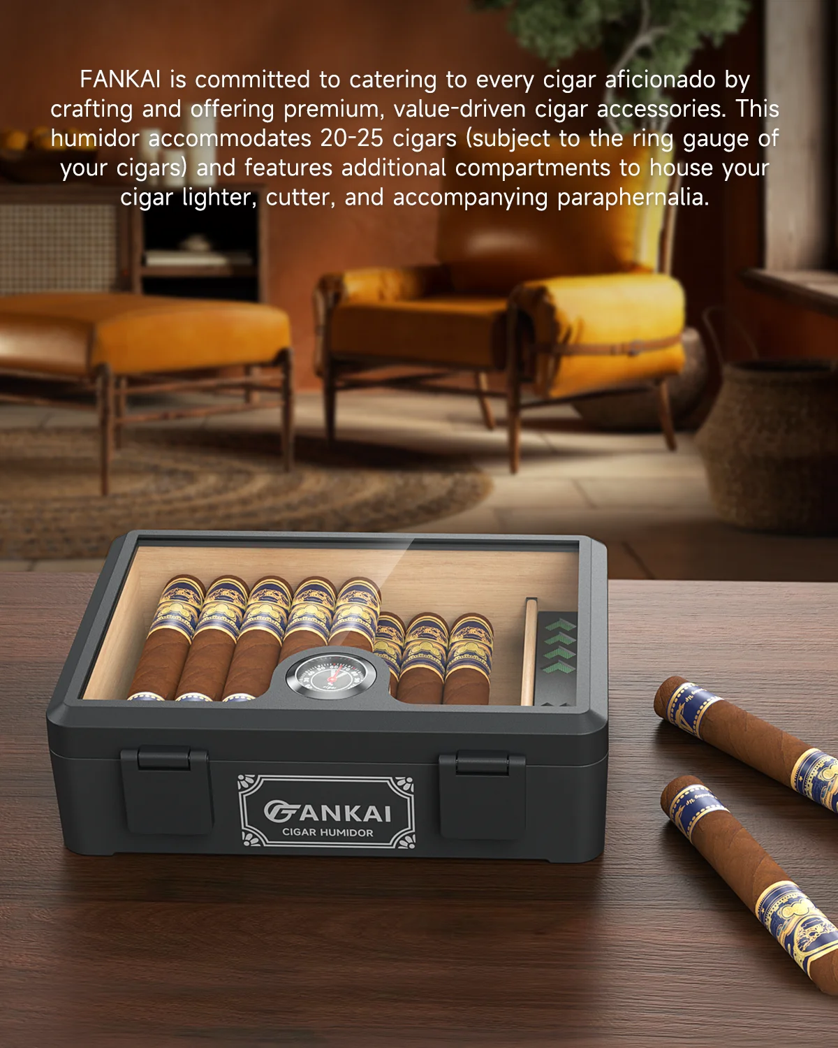 Black Glass-Top Cigar Humidor for 25 Cigars 6 Black Glass-Top Cigar Humidor for 25 Cigars - Image 6