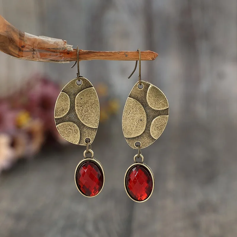 Ethnic Bronze Drop Earrings with Red Stone 3 Ethnic Bronze Drop Earrings with Red Stone - Image 3