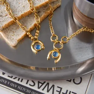Gold Stainless Steel Bracelet with Blue Horseshoe Pendant 10 S22e9ab75070049df85e61f166bb55c427