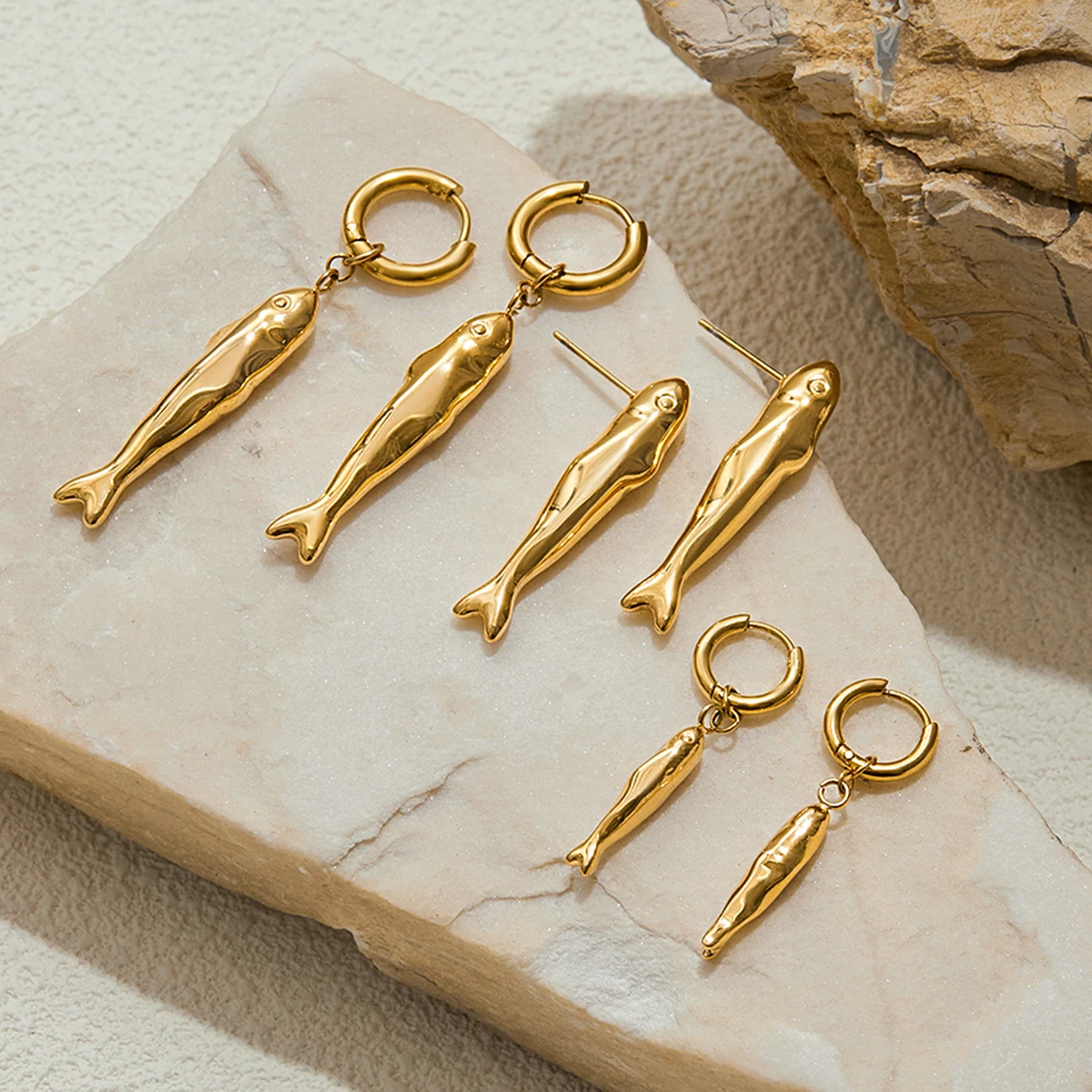 Stainless Steel Gold Fish Earrings Set 6 Stainless Steel Gold Fish Earrings Set - Image 6