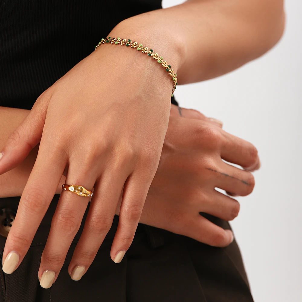 Green Dripping Olive Leaf Stainless Steel Bracelet 5 Green Dripping Olive Leaf Stainless Steel Bracelet - Image 5