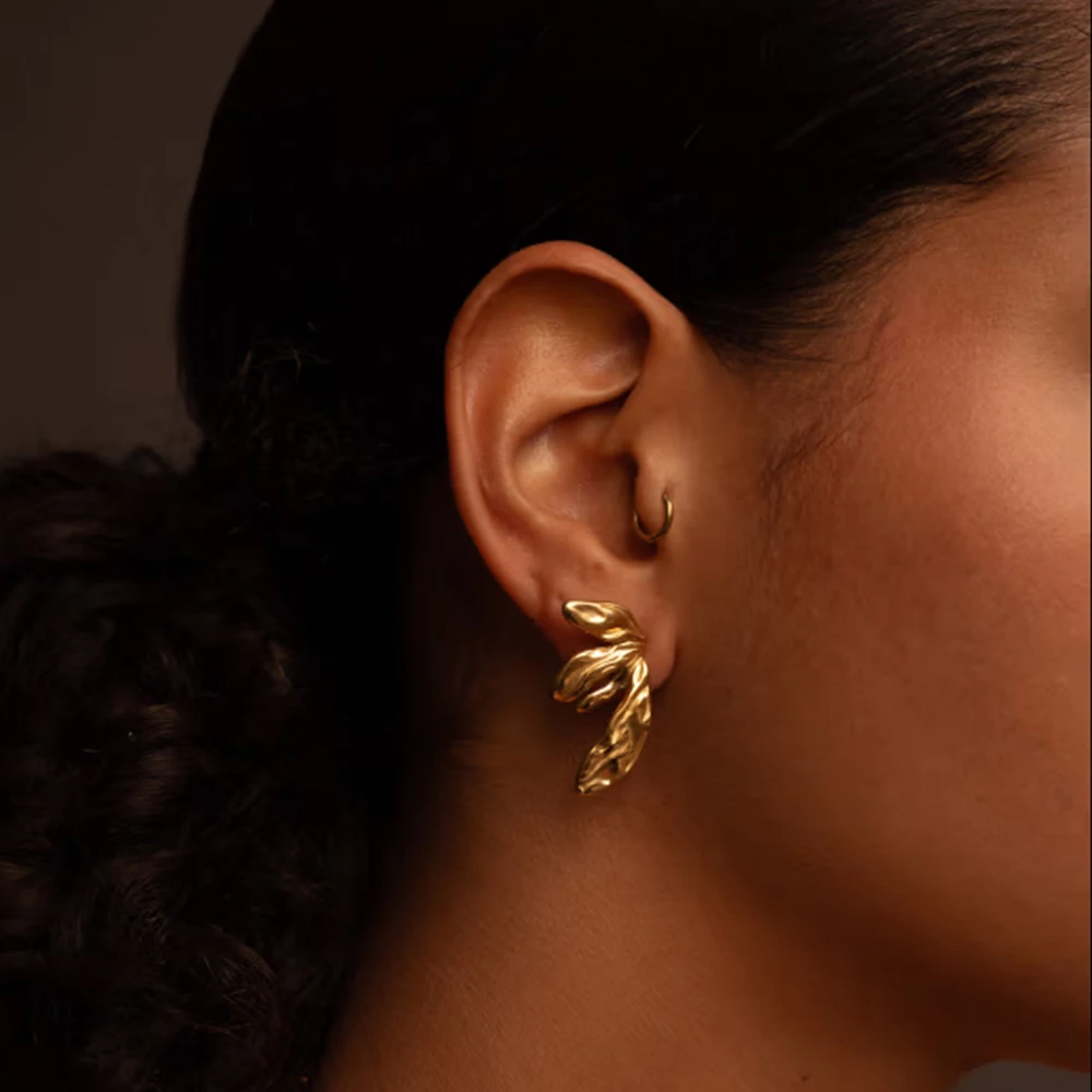 Stainless Steel Gold Leaf Earrings JDE0312006 2 Stainless Steel Gold Leaf Earrings JDE0312006 - Image 2