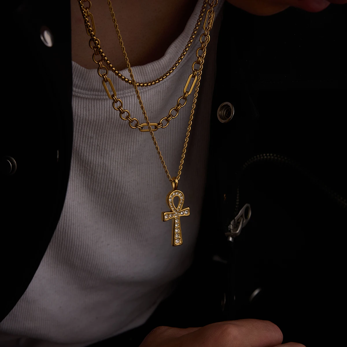 Men's Stainless Steel Cross Necklace with Rhinestones 3 Men's Stainless Steel Cross Necklace with Rhinestones - Image 3