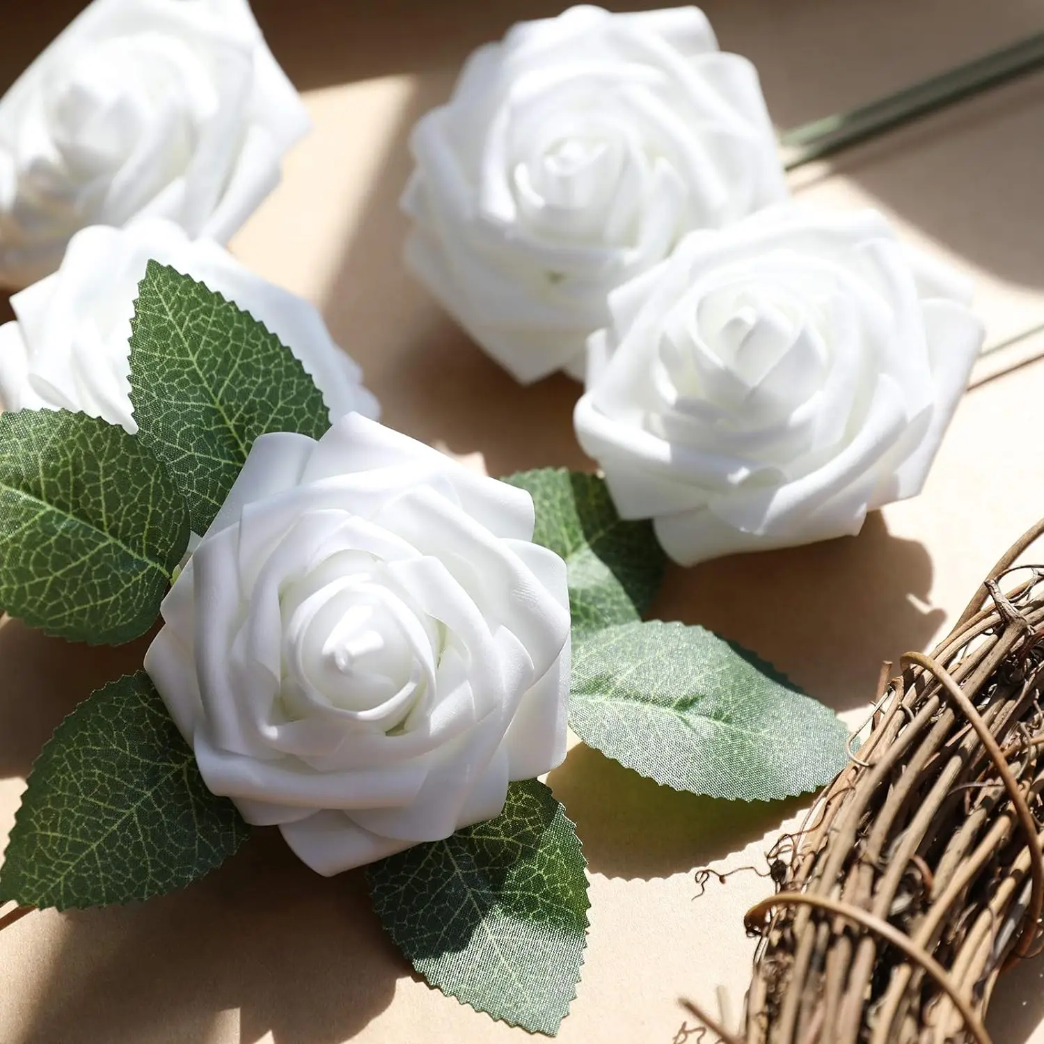 Set of 25 White Artificial Roses with Green Leaves 2 Set of 25 White Artificial Roses with Green Leaves - Image 2