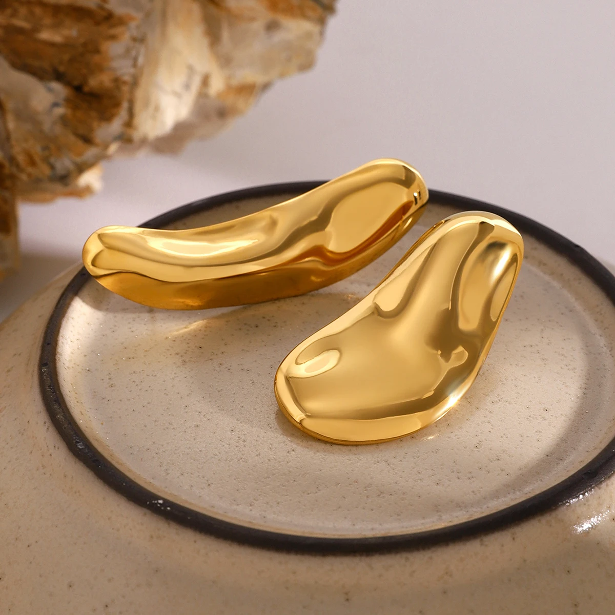 Gold-Tone Asymmetrical Stainless Steel Earrings 2 Gold-Tone Asymmetrical Stainless Steel Earrings - Image 2