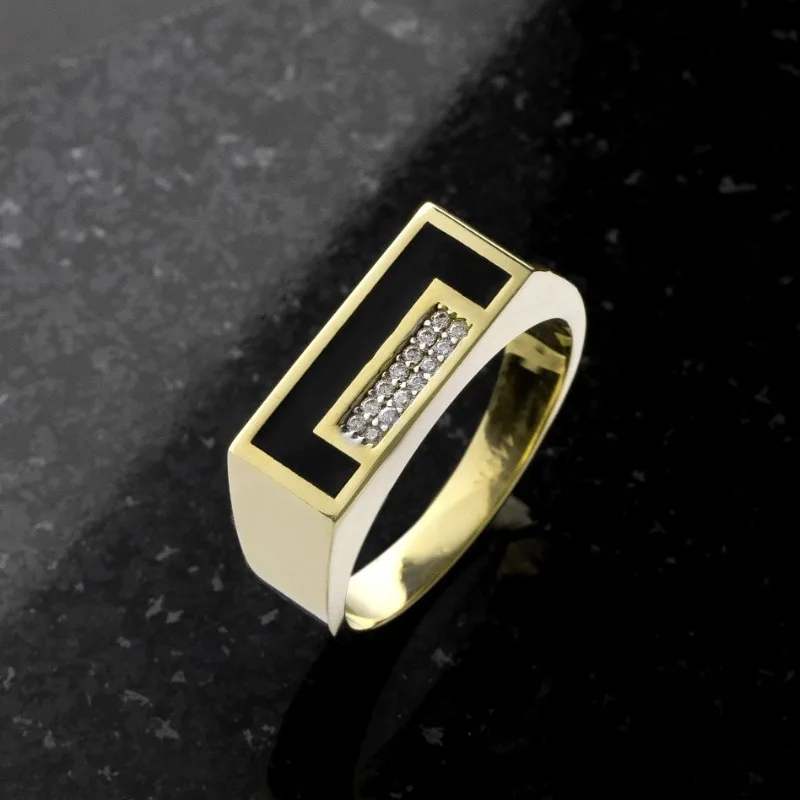 Gold Men's Ring with Zircon and Black Enamel 2 Gold Men's Ring with Zircon and Black Enamel - Image 2