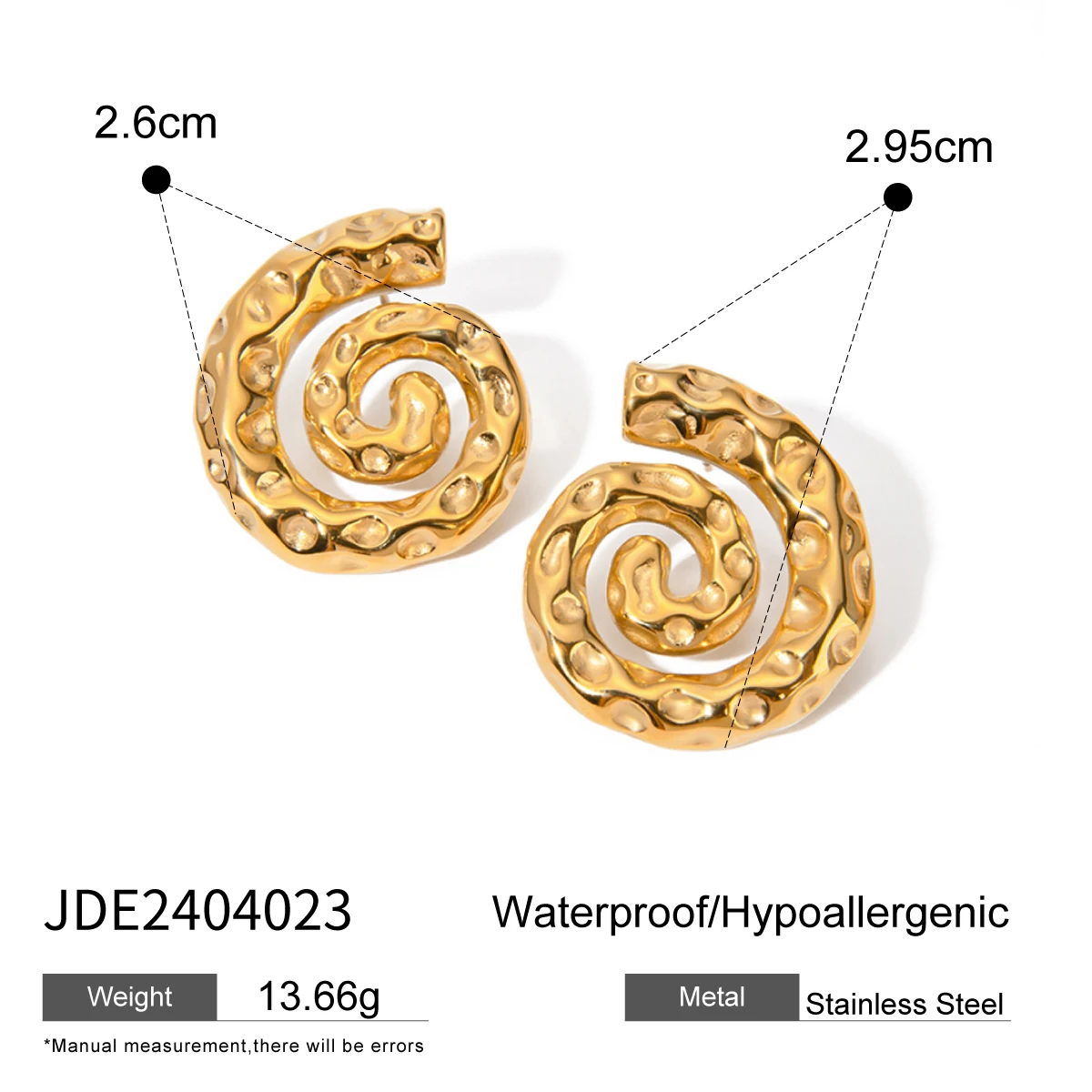 Gold Spiral Hammer Pattern Stainless Steel Earrings 6 Gold Spiral Hammer Pattern Stainless Steel Earrings - Image 6