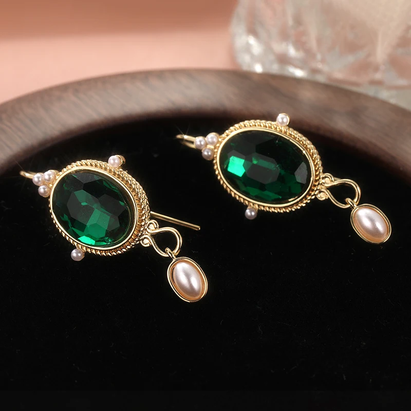 Gold-Toned Drop Earrings with Green Stone 5 Gold-Toned Drop Earrings with Green Stone - Image 5