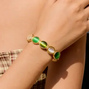 Stainless Steel Green and White Cabochon Bracelet 8 S2cbd08e4ebf64886893a27ca75ff4e7fJ
