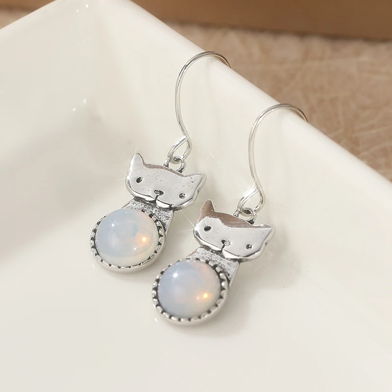 Silver Cat Moonstone Earrings for Women 3 Silver Cat Moonstone Earrings for Women - Image 3