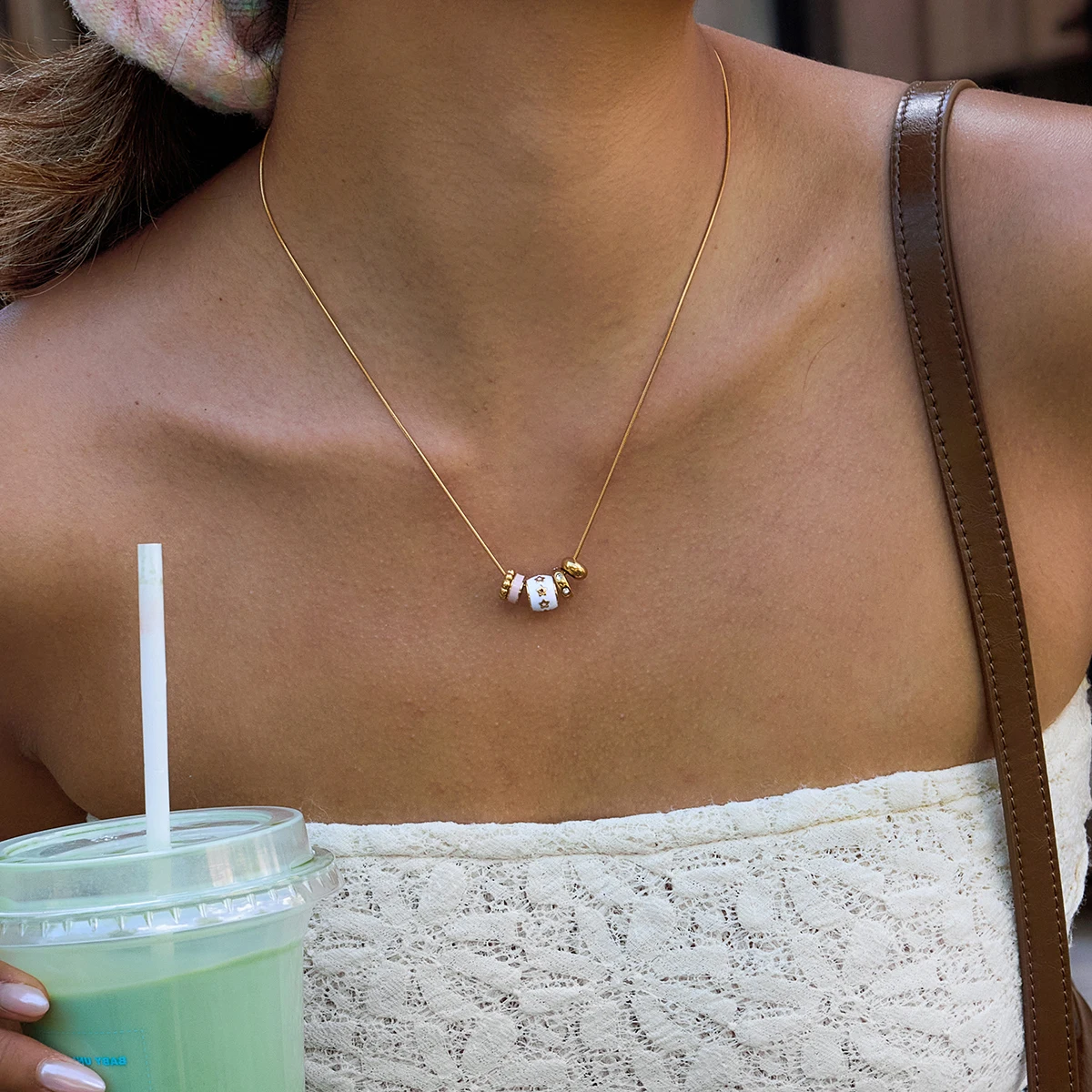 Gold Bead Necklace with Colorful Pendant 2 Gold Bead Necklace with Colorful Pendant - Image 2