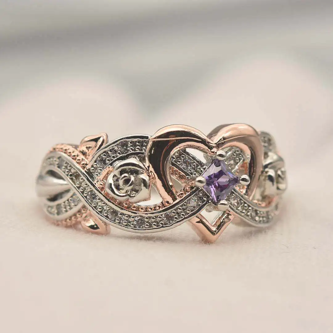 Two-Tone Geometric Wedding Ring with Purple Stones 5 Two-Tone Geometric Wedding Ring with Purple Stones - Image 5