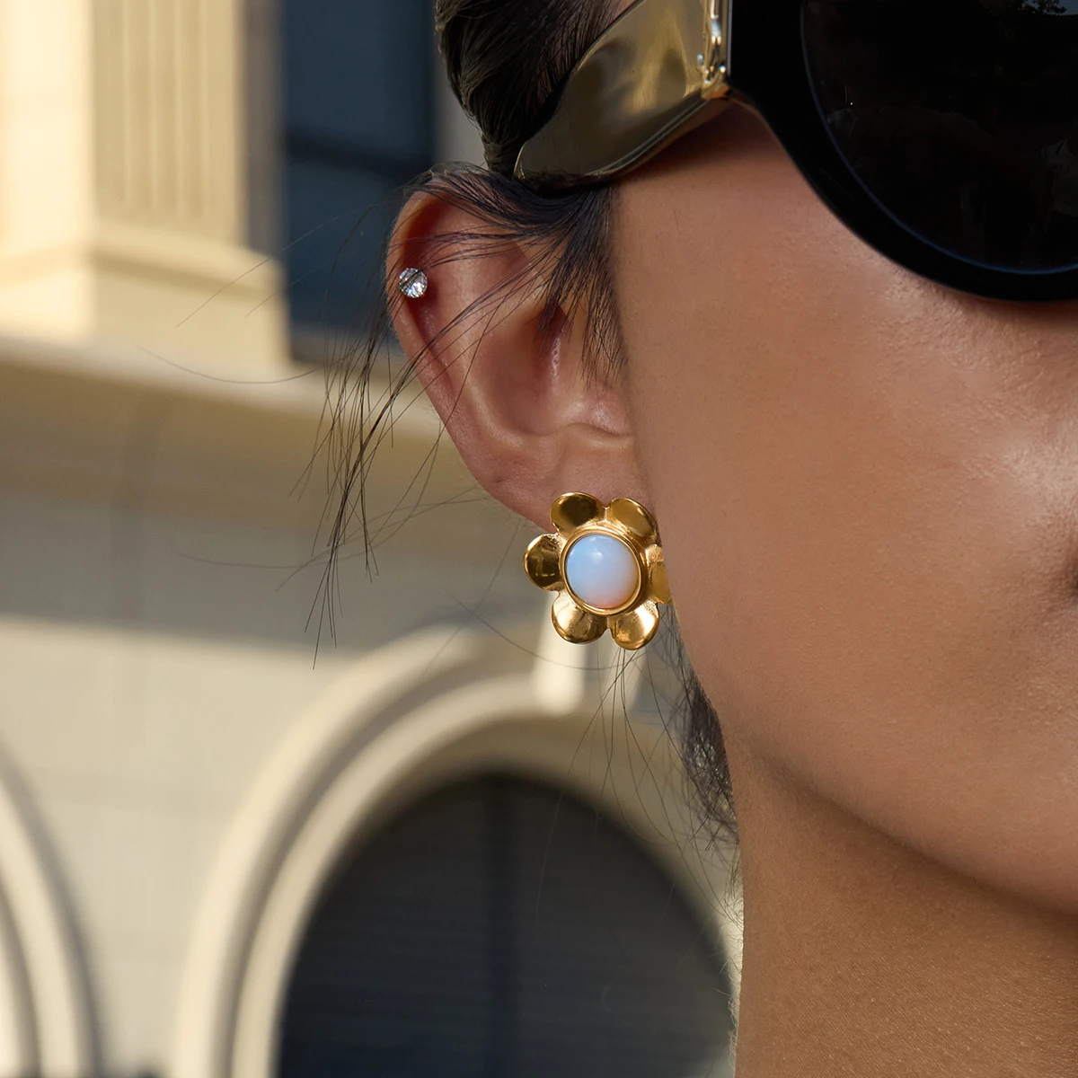 Elegant Stainless Steel Opal Flower Earrings 2 Elegant Stainless Steel Opal Flower Earrings - Image 2