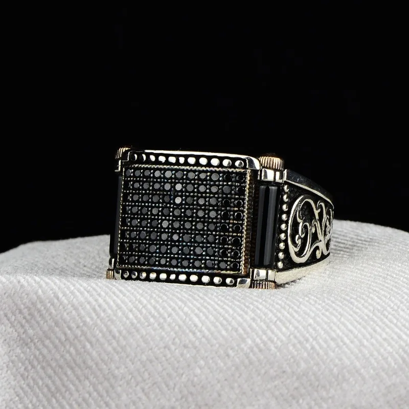 Men's Black Zircon Cocktail Ring with Silver Accents 3 Men's Black Zircon Cocktail Ring with Silver Accents - Image 3