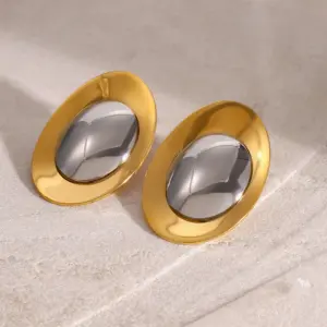 Stainless Steel Oval Earrings with Gold Tone 8 S32b0702de97442ee9d719f76ce1feeeef