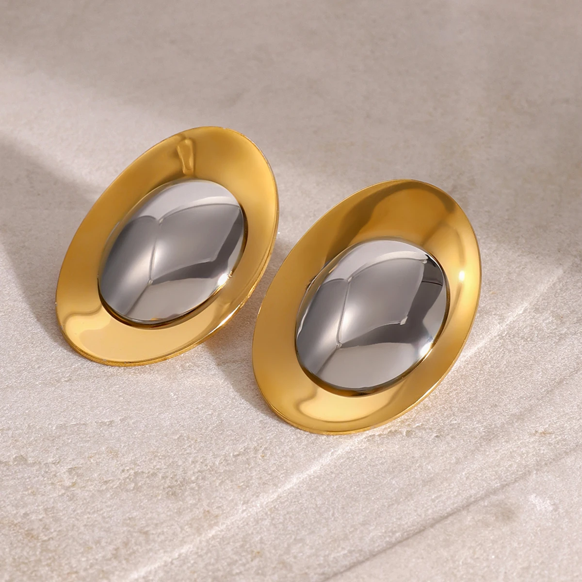Stainless Steel Oval Earrings with Gold Tone 2 Stainless Steel Oval Earrings with Gold Tone - Image 2