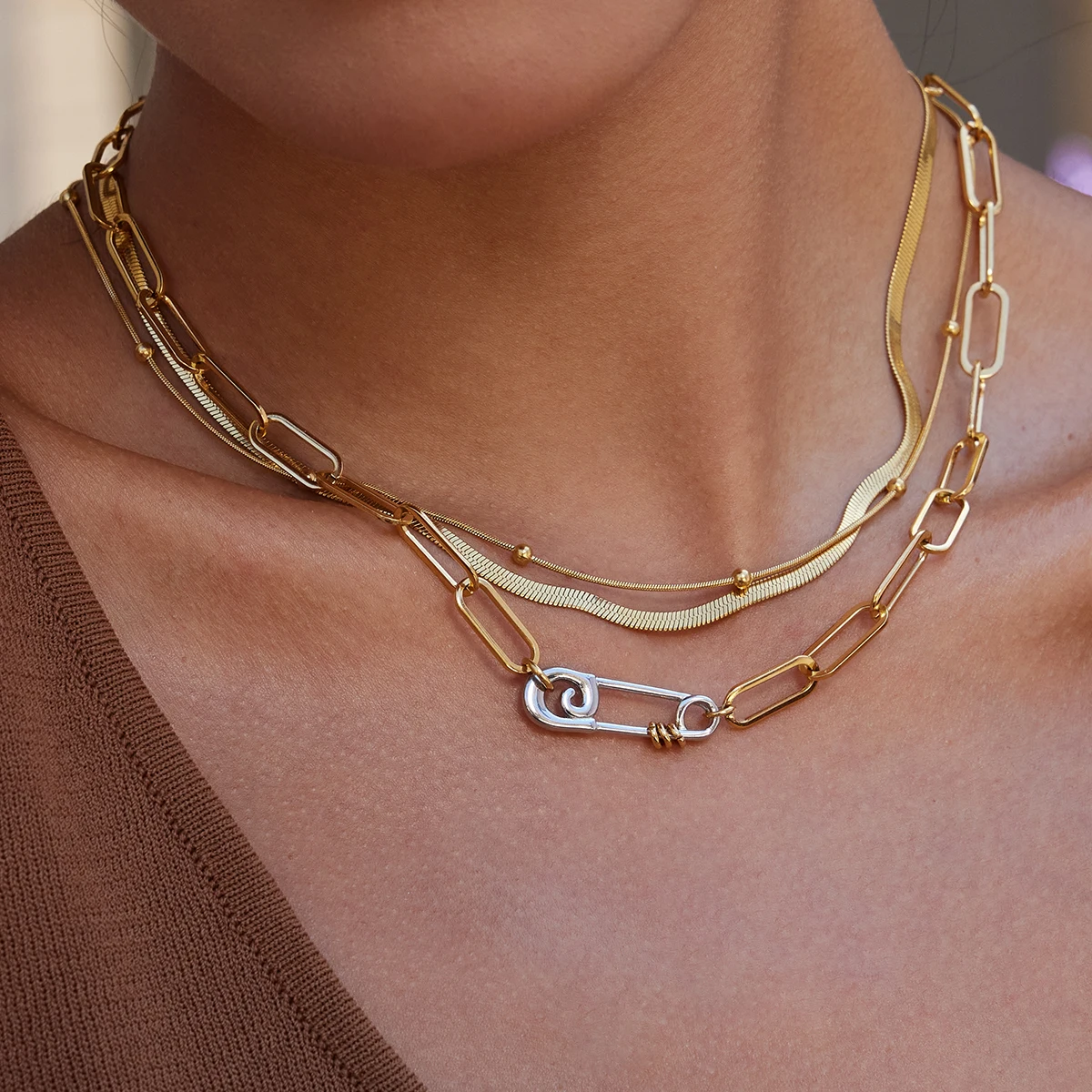 Stainless Steel Gold Layered Chain Necklace 4 Stainless Steel Gold Layered Chain Necklace - Image 4