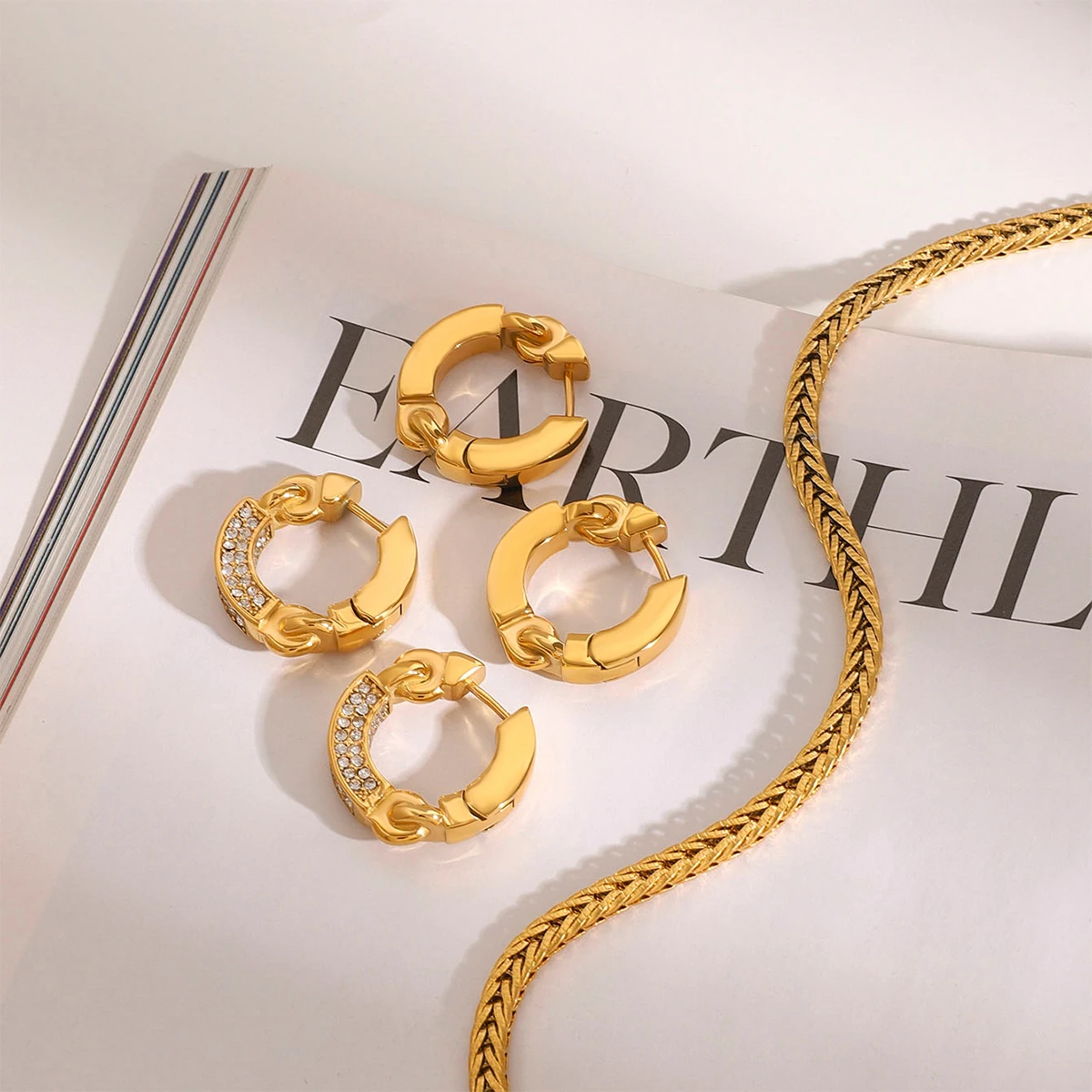 Gold Stainless Steel Hoop Earrings with Clear Stones 4 Gold Stainless Steel Hoop Earrings with Clear Stones - Image 4