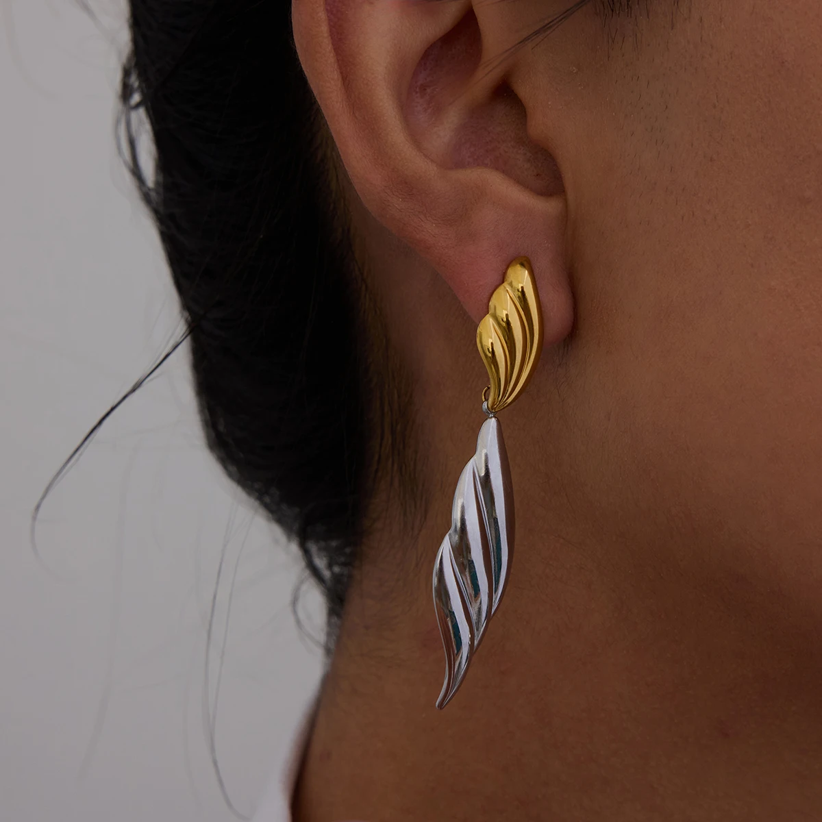 Stainless Steel Two-Tone Wing Earrings 2 Stainless Steel Two-Tone Wing Earrings - Image 2