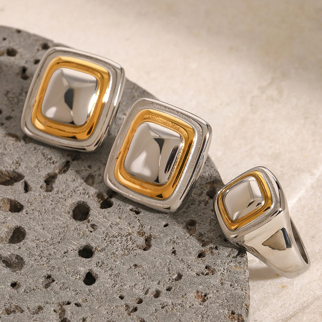Two-Tone Stainless Steel Square Stud Earrings 3 Two-Tone Stainless Steel Square Stud Earrings - Image 3