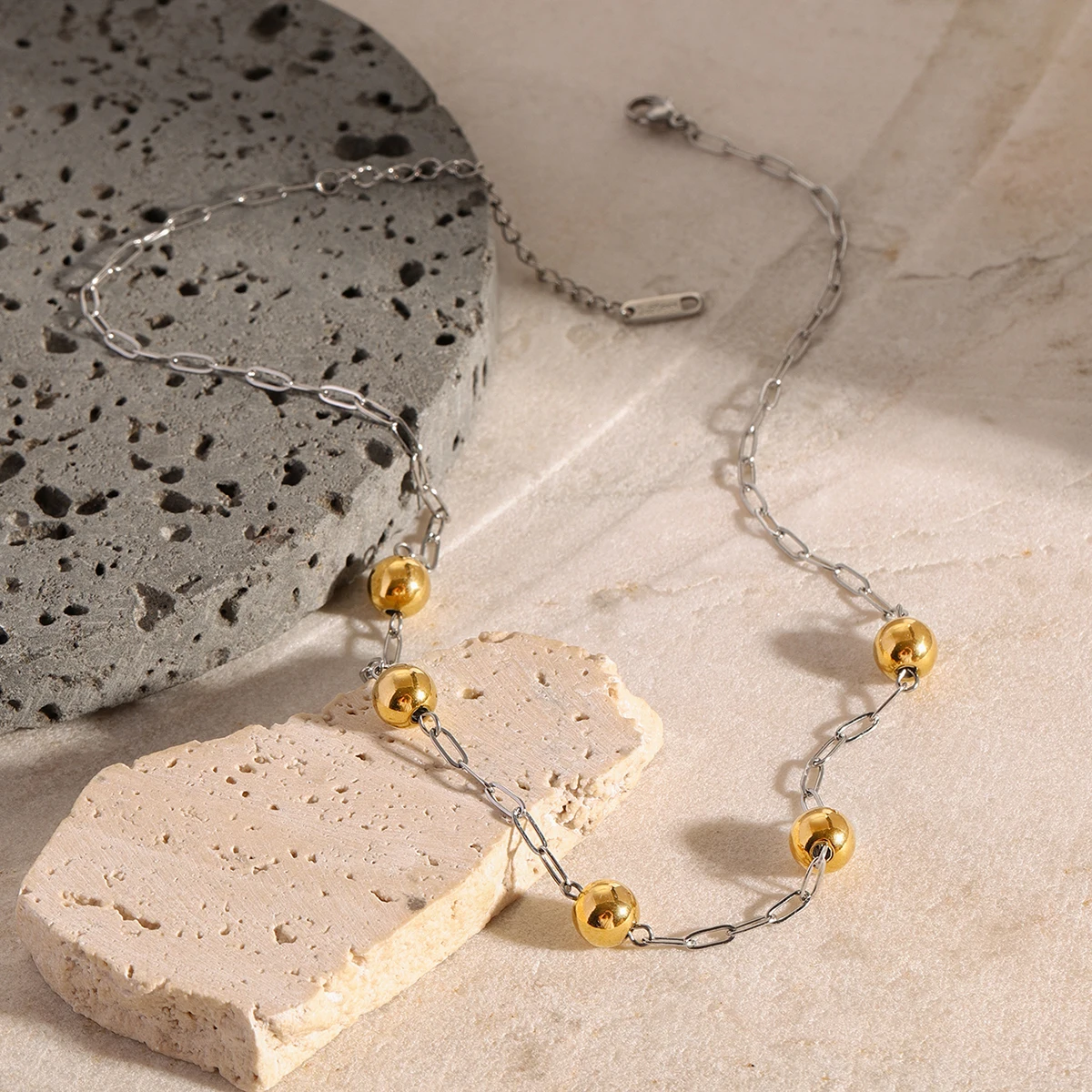 Modern Stainless Steel Necklace with Gold Beads 4 Modern Stainless Steel Necklace with Gold Beads - Image 4