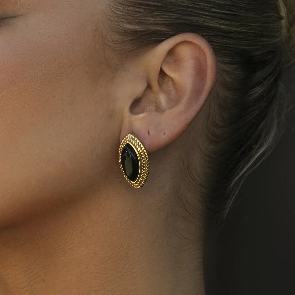 Gold Onyx Horse Eye Stainless Steel Earrings 4 Gold Onyx Horse Eye Stainless Steel Earrings - Image 4