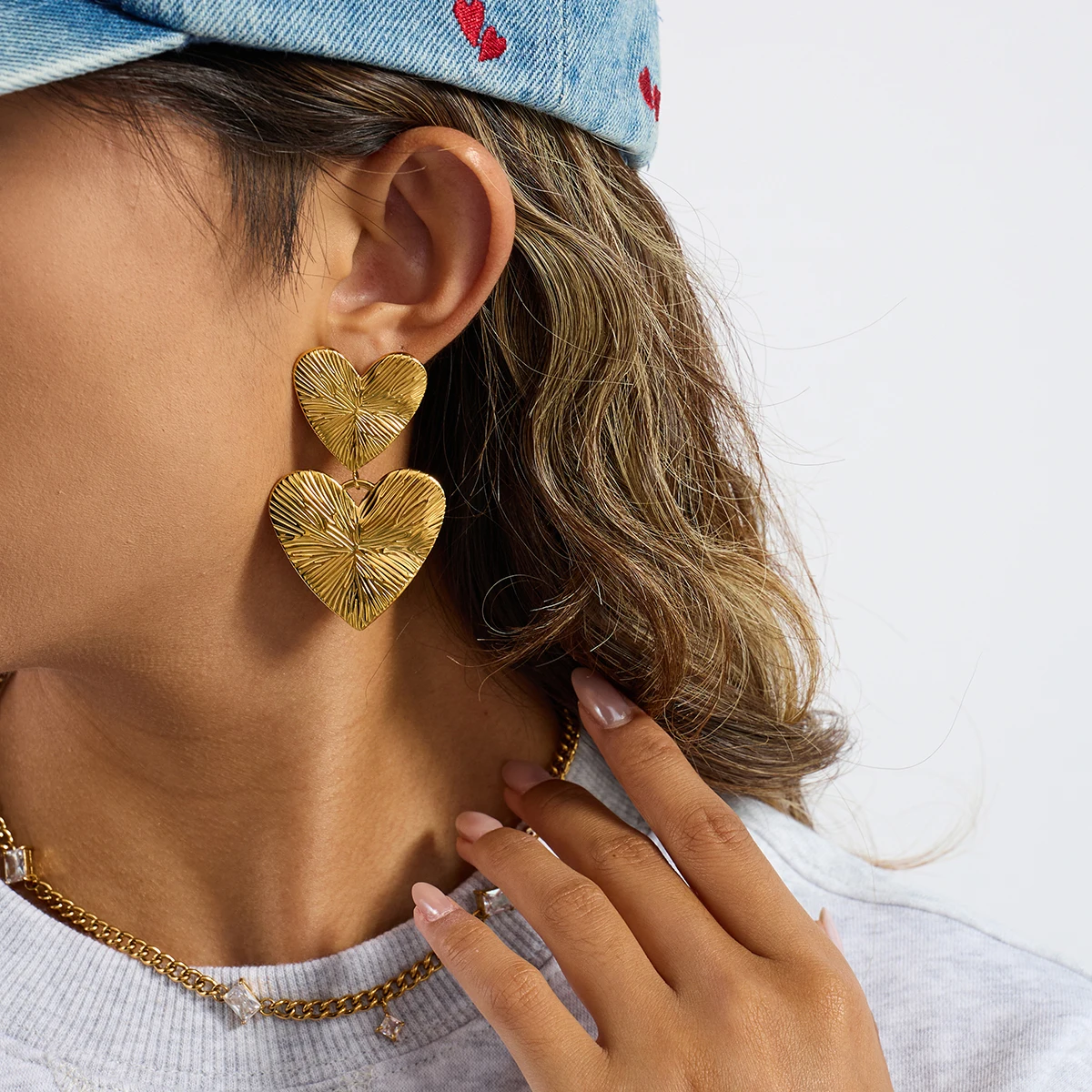 Gold Stainless Steel Textured Heart Earrings 2 Gold Stainless Steel Textured Heart Earrings - Image 2