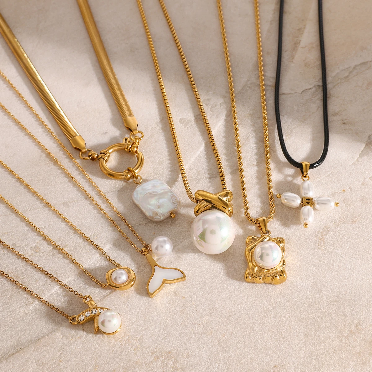 Elegant Stainless Steel Gold Pearl Necklace 3 Elegant Stainless Steel Gold Pearl Necklace - Image 3