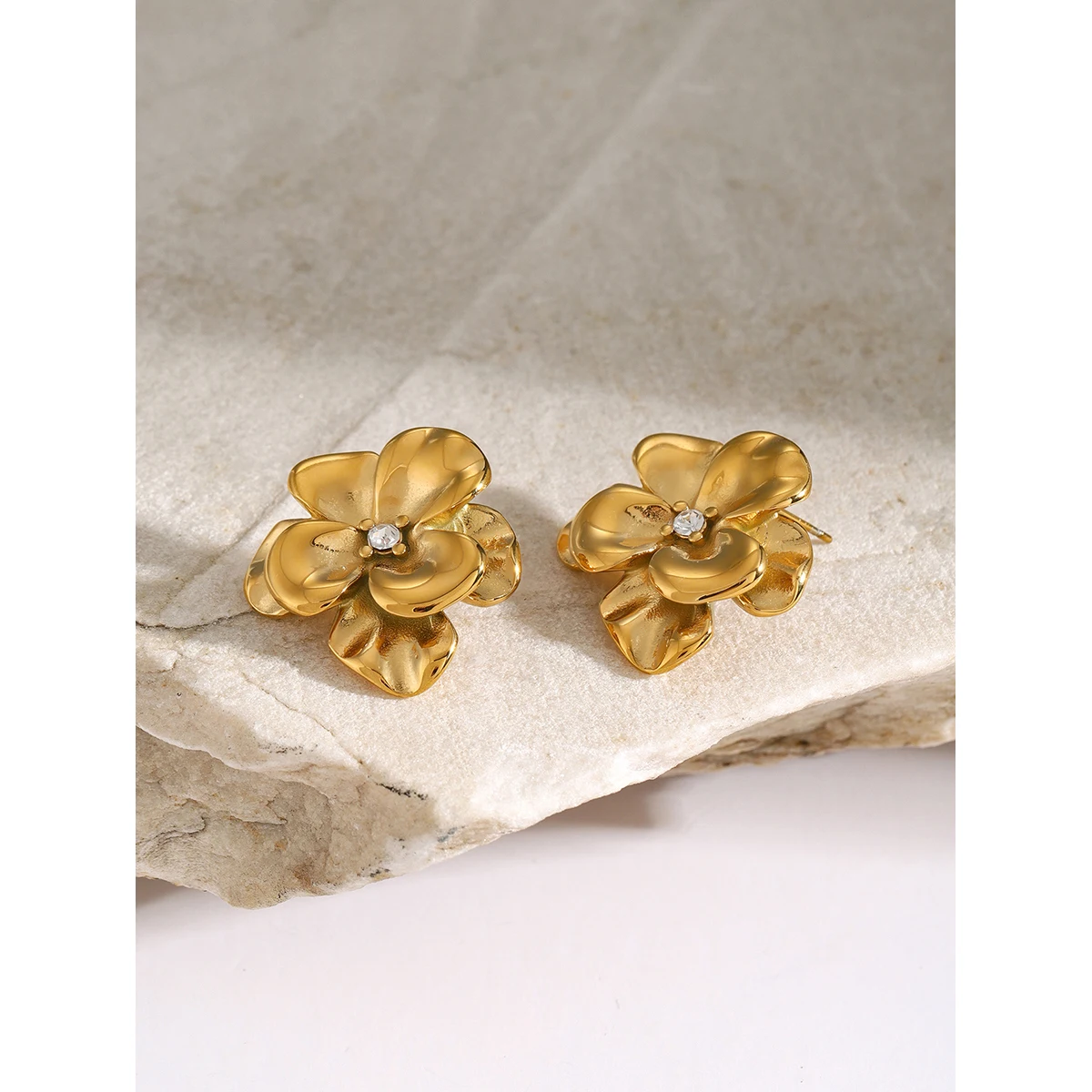 Gold Floral Stainless Steel Stud Earrings 4 Gold Floral Stainless Steel Stud Earrings - Image 4