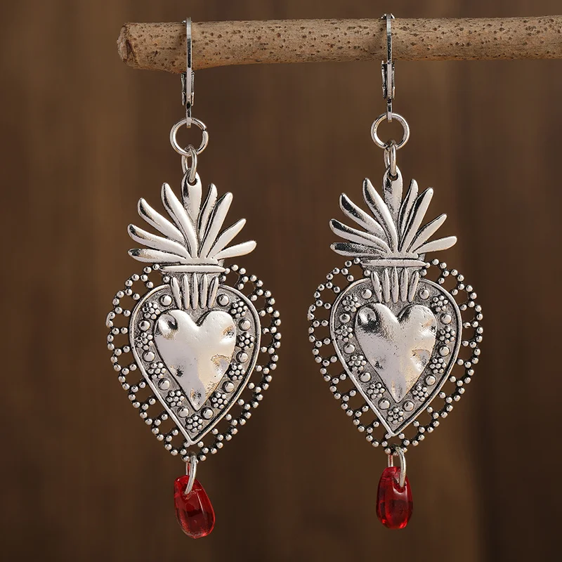 Vintage Silver Heart Earrings with Red Beads 3 Vintage Silver Heart Earrings with Red Beads - Image 3