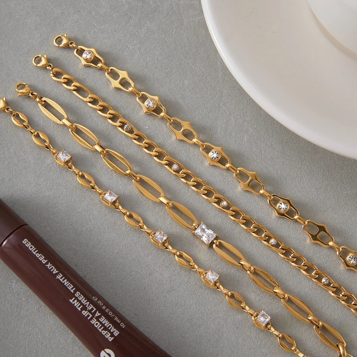 Gold Stainless Steel Skeleton Bracelet with Zircon 5 Gold Stainless Steel Skeleton Bracelet with Zircon - Image 5