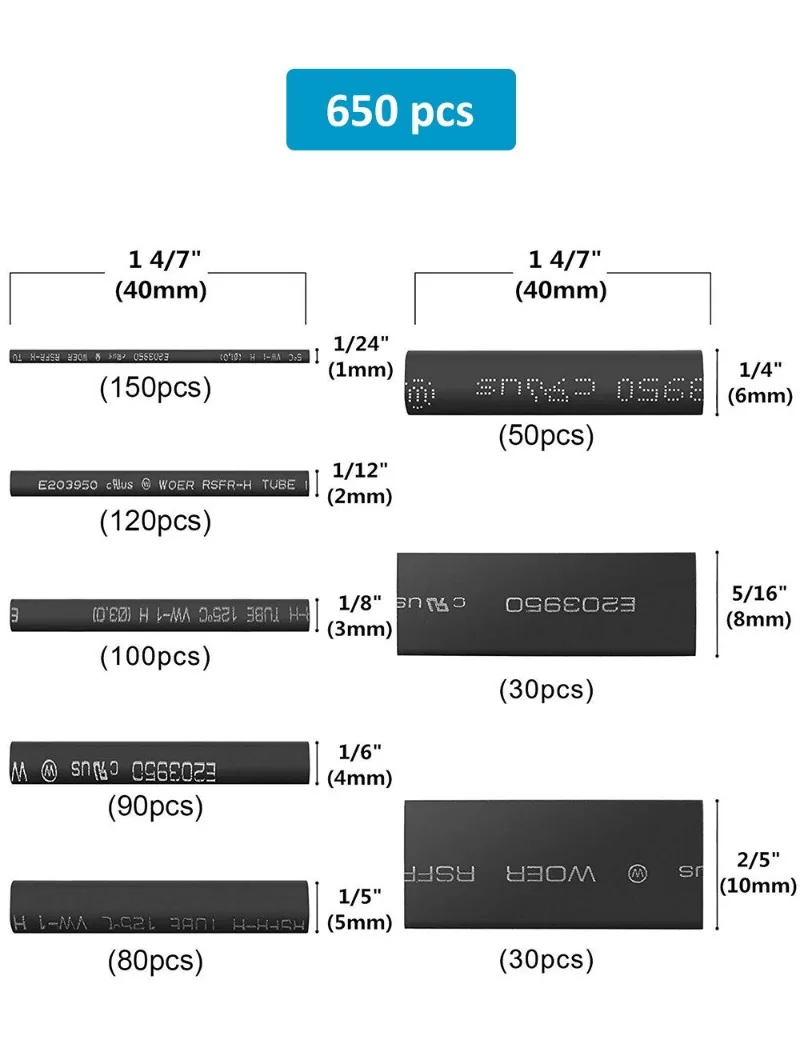 Black Heat Shrink Tubing Set, 8 Sizes, 650 pcs 2 Black Heat Shrink Tubing Set, 8 Sizes, 650 pcs - Image 2
