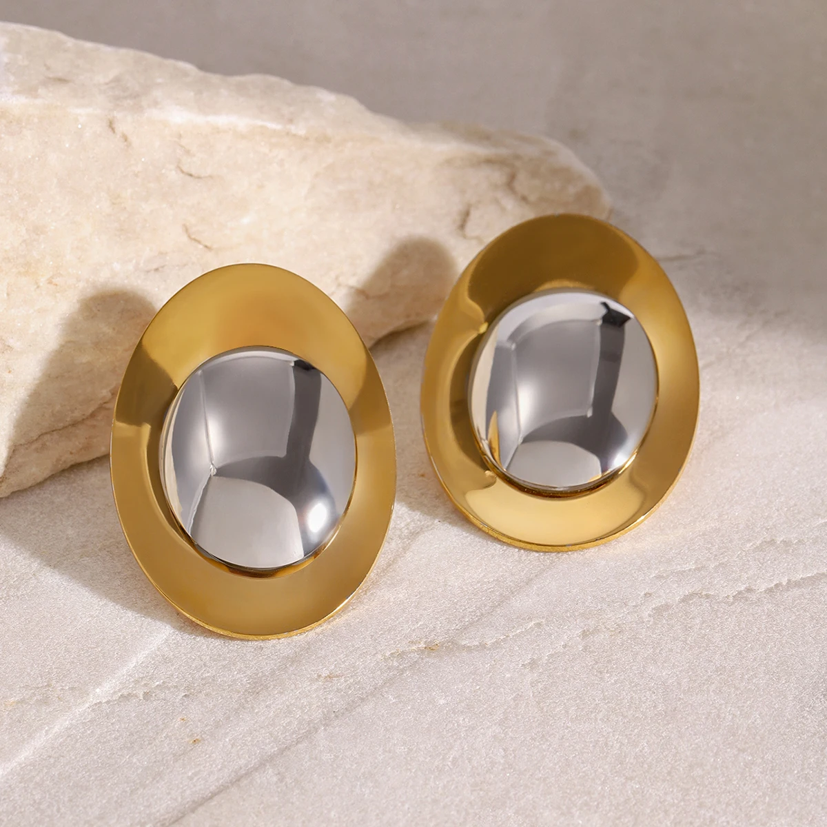 Stainless Steel Oval Earrings with Gold Tone 5 Stainless Steel Oval Earrings with Gold Tone - Image 5