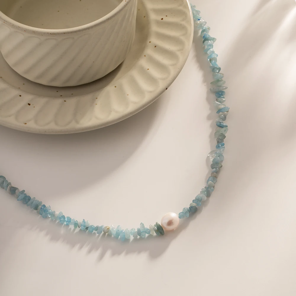 Ocean Blue Stone Pearl Necklace for Women 3 Ocean Blue Stone Pearl Necklace for Women - Image 3