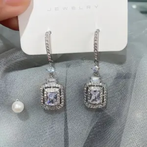 Silver Dangle Earrings with Cushion CZ Stone 11 S431a58860ed84ebfbaa155d5ae60f628F