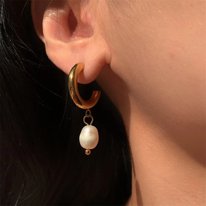 Gold Stainless Steel Pearl Drop Earrings 4 Gold Stainless Steel Pearl Drop Earrings - Image 4