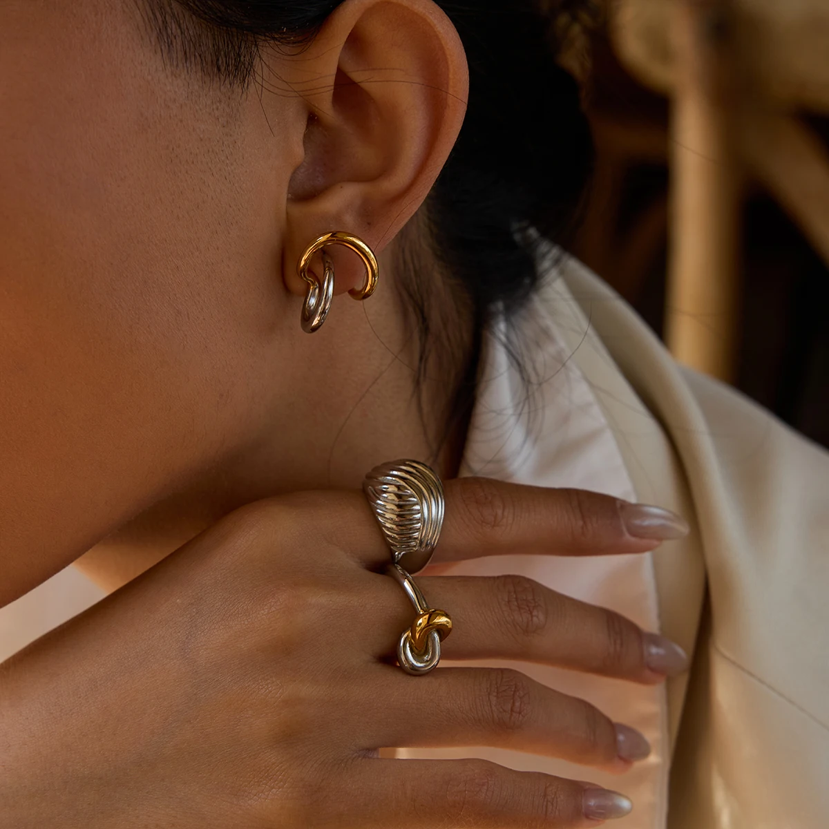 Two-Tone Stainless Steel Hoop Earrings 6 Two-Tone Stainless Steel Hoop Earrings - Image 6