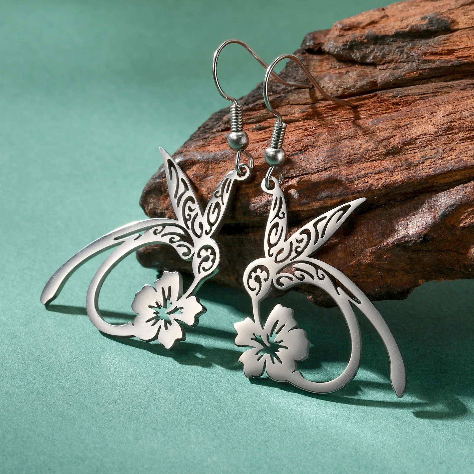 Stainless Steel Hummingbird & Flower Earrings 4 Stainless Steel Hummingbird & Flower Earrings - Image 4