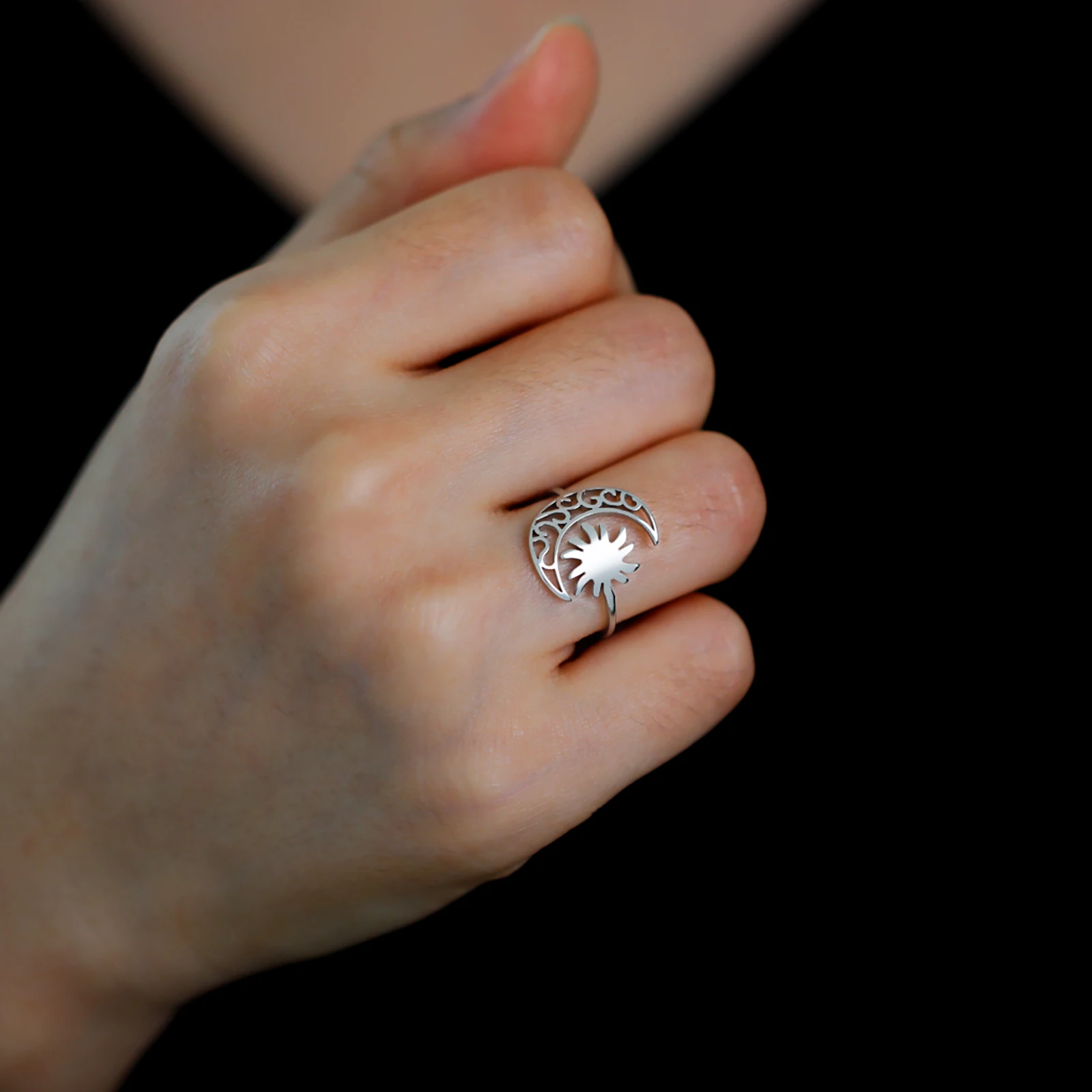 Celestial Crescent Sun Stainless Steel Ring for Women 5 Celestial Crescent Sun Stainless Steel Ring for Women - Image 5