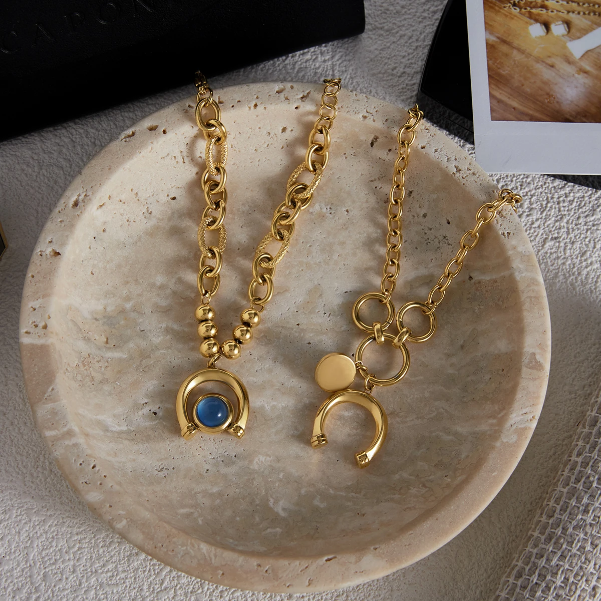 Gold Stainless Steel Bracelet with Blue Horseshoe Pendant 4 Gold Stainless Steel Bracelet with Blue Horseshoe Pendant - Image 4