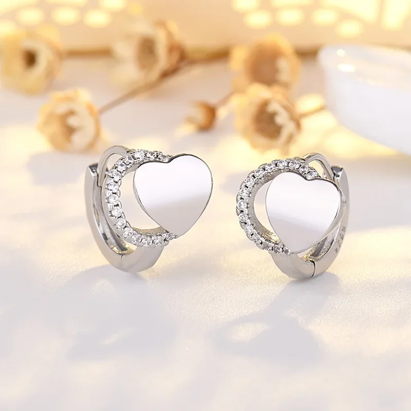 Heart-Shaped Silver Hoop Earrings with Zircon Stones 4 Heart-Shaped Silver Hoop Earrings with Zircon Stones - Image 4