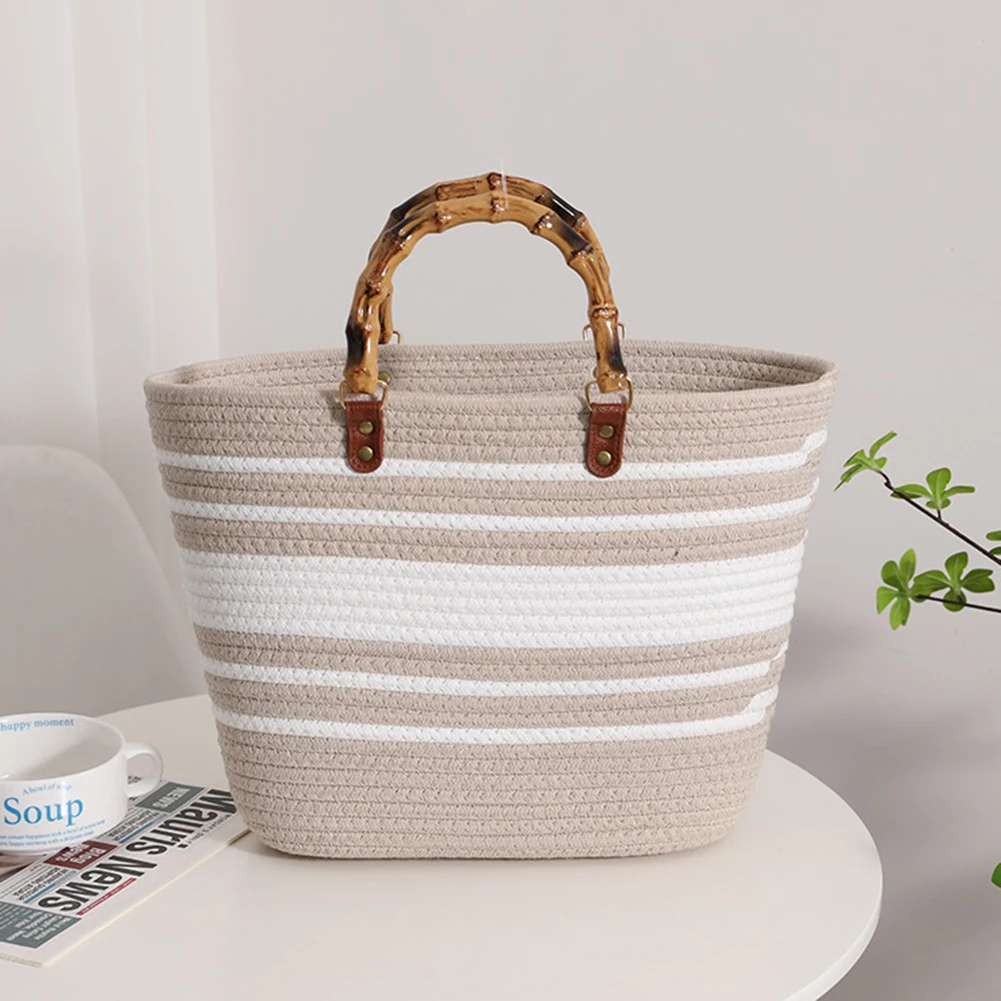 Cotton Woven Summer Handbag with Bamboo Handle 9 Cotton Woven Summer Handbag with Bamboo Handle - Image 9
