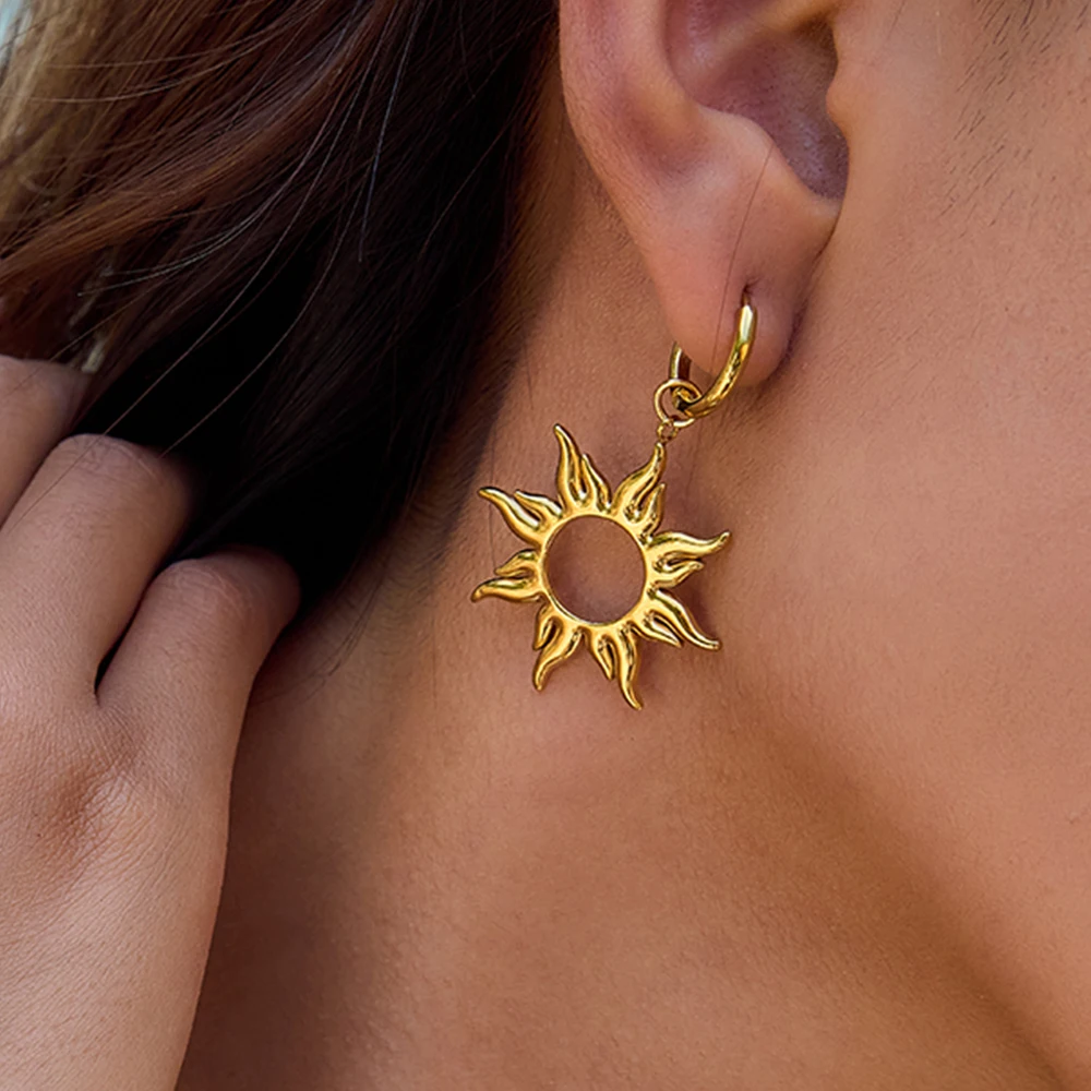 Stainless Steel Sun Earrings with Platinum Finish 2 Stainless Steel Sun Earrings with Platinum Finish - Image 2