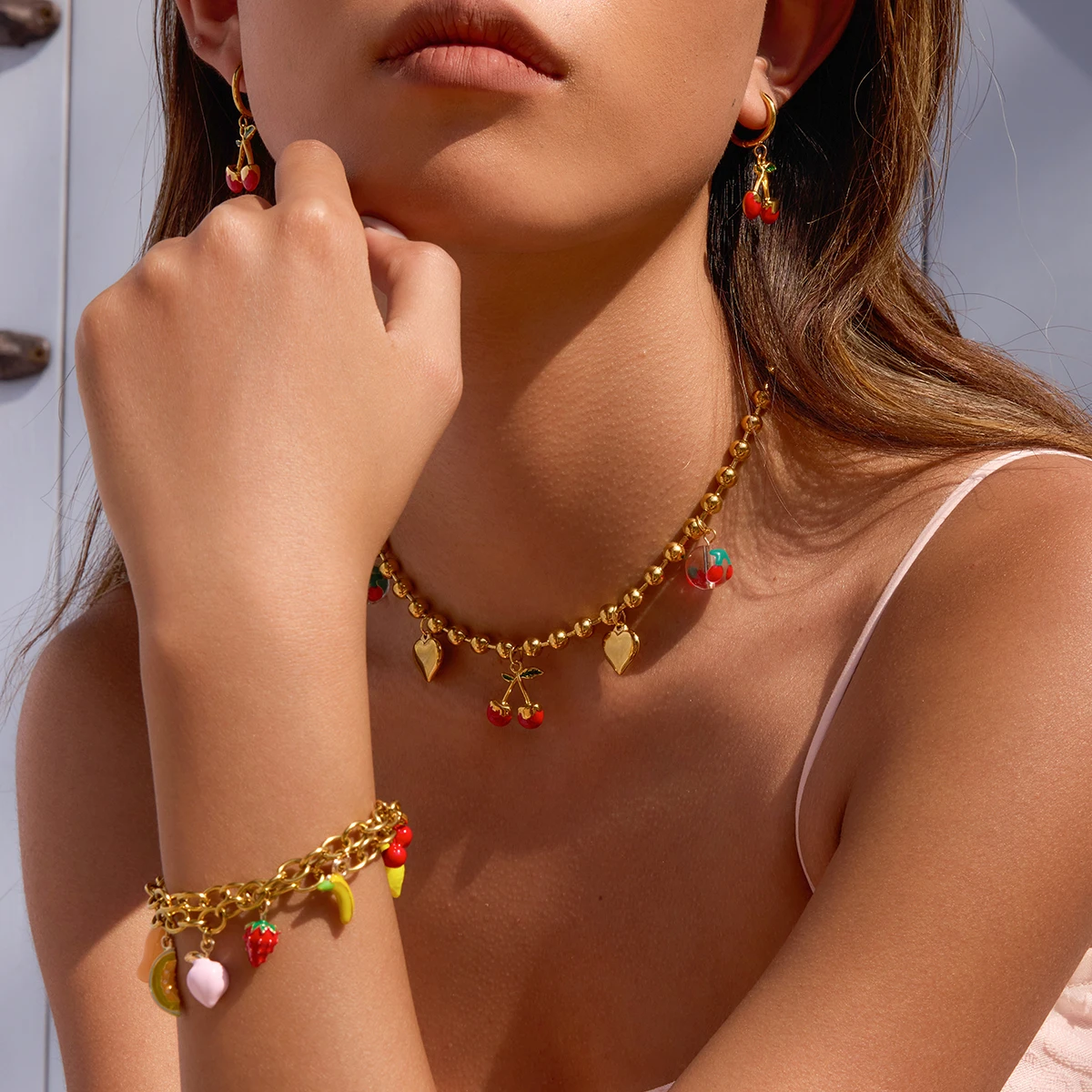 Vibrant Stainless Steel Fruit Charm Bracelet 2 Vibrant Stainless Steel Fruit Charm Bracelet - Image 2