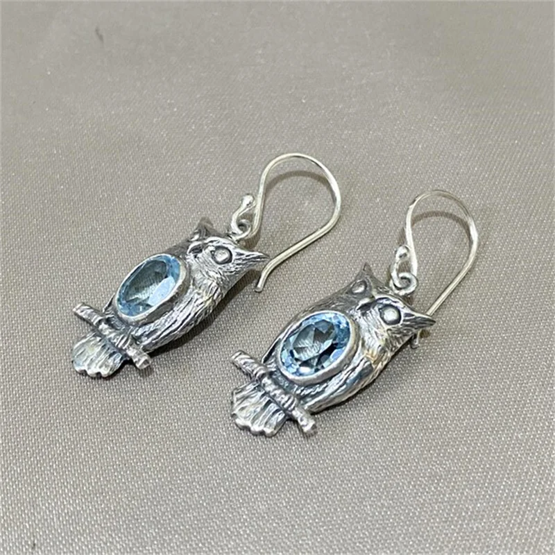Vintage Owl Earrings with Sea Blue Stone 5 Vintage Owl Earrings with Sea Blue Stone - Image 5